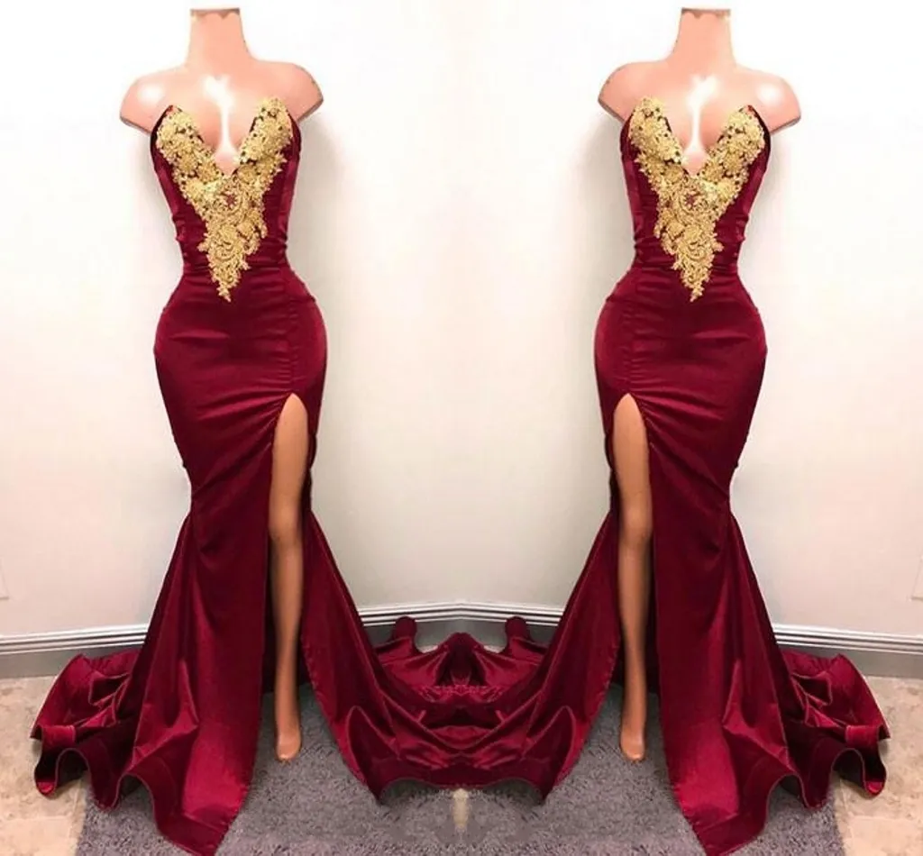 Nuovo design abiti da ballo bordeaux sexy con pizzo dorato Appliqued sirena anteriore diviso per abiti da sera a lunghi feste