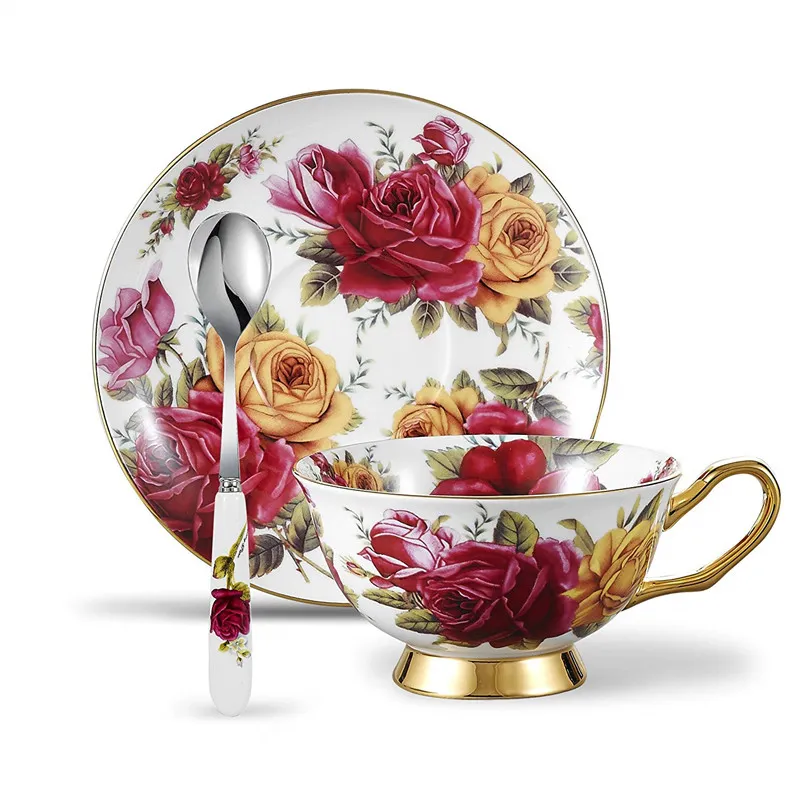 Juego de 3 tazas de té y café de porcelana china con cuchara, 200 ml/6,8 oz, rosa amarilla y roja