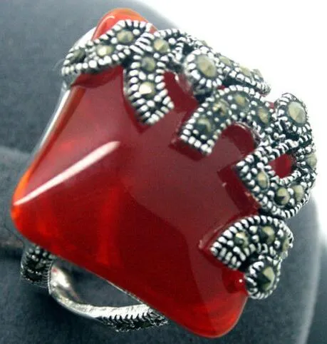 Fashion jewelry Marcasite Red Jade 925 Sterling Silver Ring Size Us 7/8/9