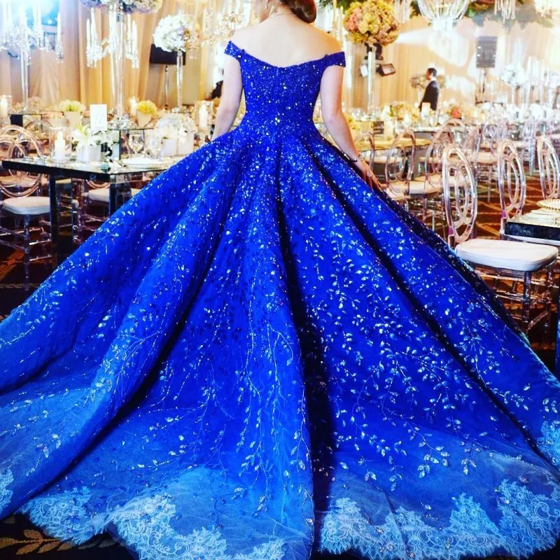 Luxury Dubai Rhinestone Evening Dress Beads Crystal Applique Off Shoulder Evening Gown Gorgeous Ocean Blue Lace Ball Gown Engagement Dresses