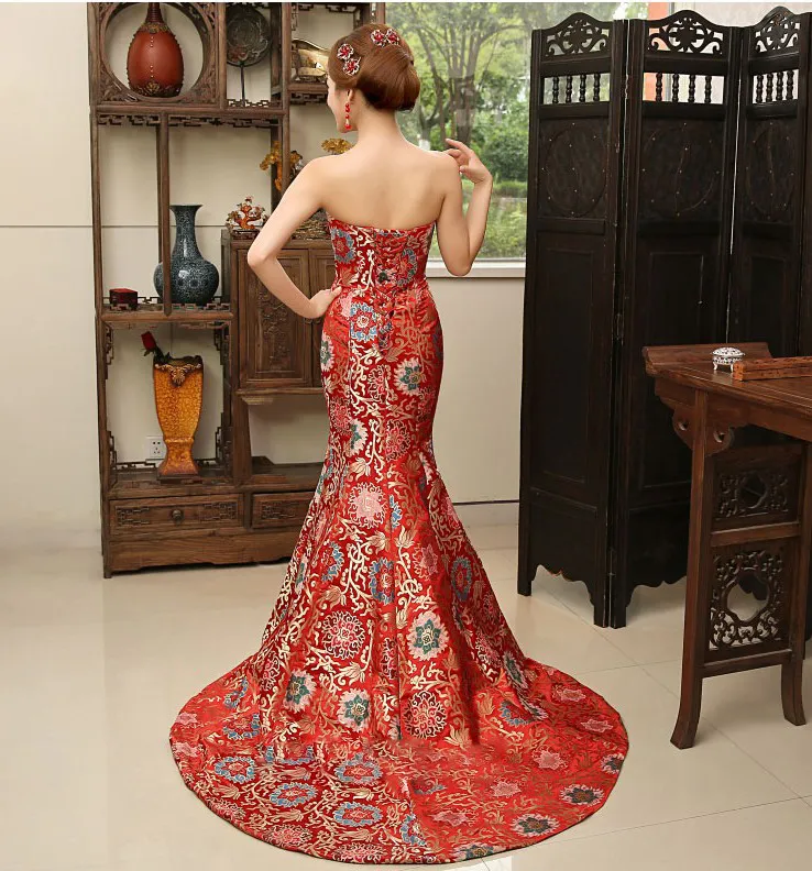 Robe de mariée de soirée de style chinois style long femmes charmantes sexy Qipao bleu et rouge cheongsam costume oriental traînant robe de soirée moderne