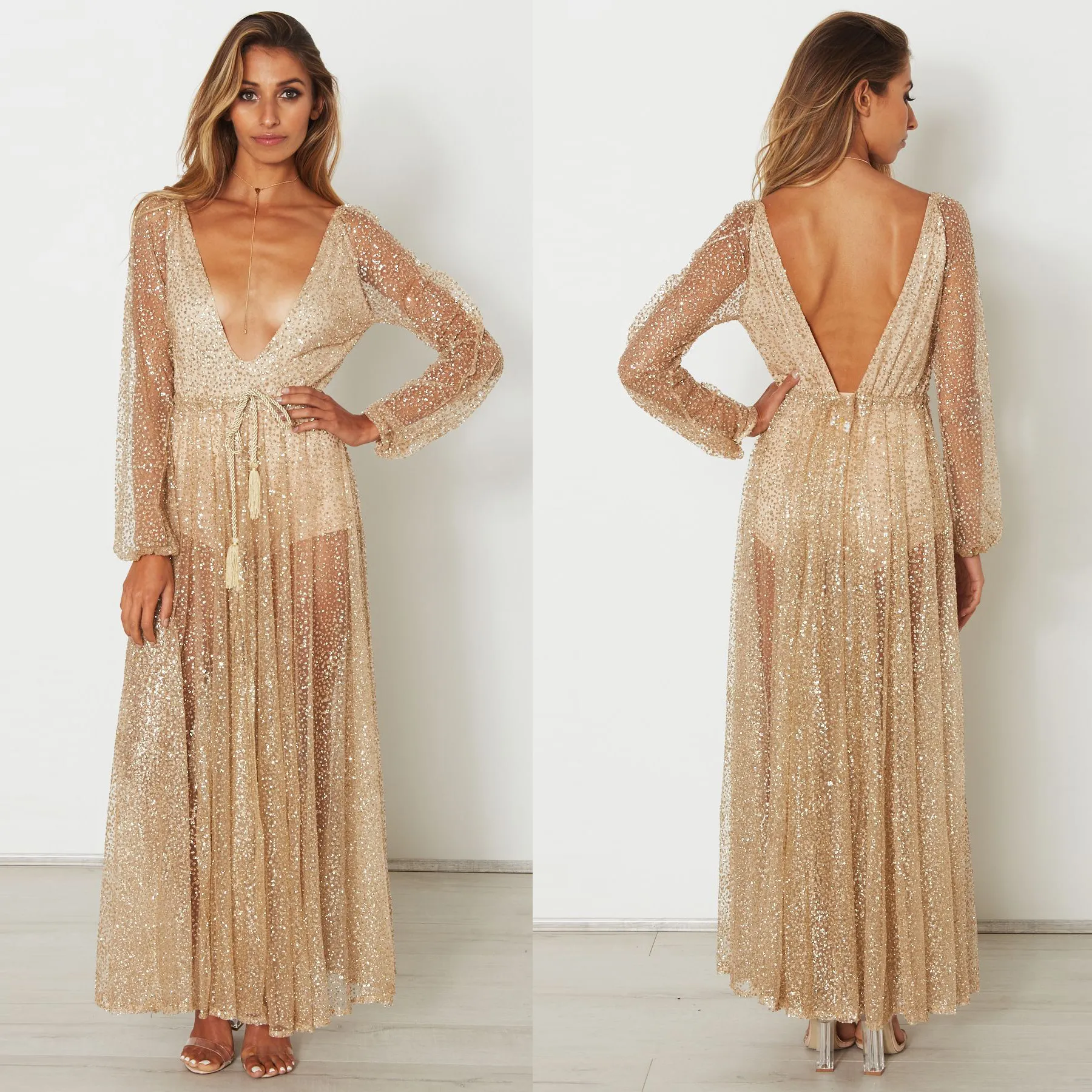 Lady avondfeest lange jurk met strass gouden maxi-jurk lange mouwen mesh sexy diepe v-hals kleding