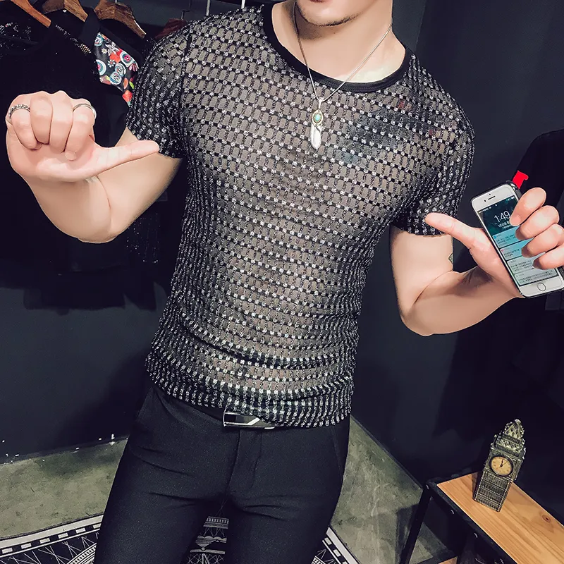 2018 Mens See Through T shirts Mens Transparent T shirts Black Sexy Elasticity Mesh Camisa Slim Fit Social Club Outfits