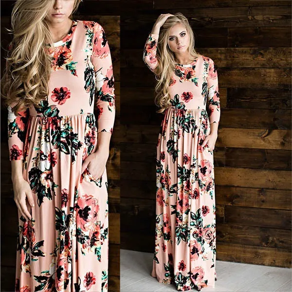 Fashion Summer Europe and America New Women fulllength Party dresses roundneck long sleeve long foral dress top quality8539991