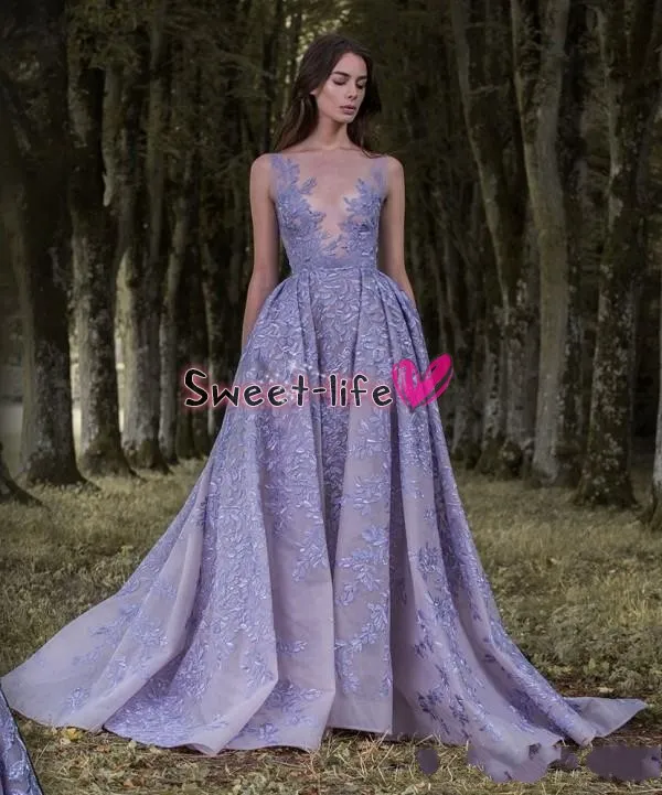 Elegant 2019 Paolo Sebastian Overskirt Evening Dresses Lavender Sheer Deep V Neck Appliced ​​Golvlängd Tulle Custom Made Prom Dr9916627