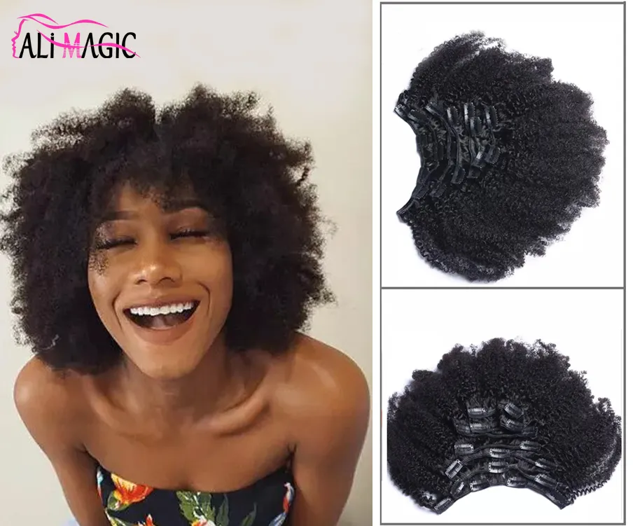 Ali Magic 4B 4C Kinky Clip Curly Hair Extension Nautral Color Clip-in Full Head 7 Pcs Remy Hair 100G 120G