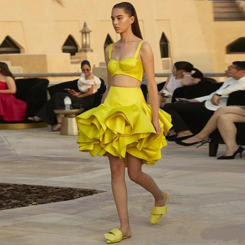 Yellow Satin Two Piece Yellow Homecoming Dresses With... From Newdeve,  $89.58 | DHgate.Com
