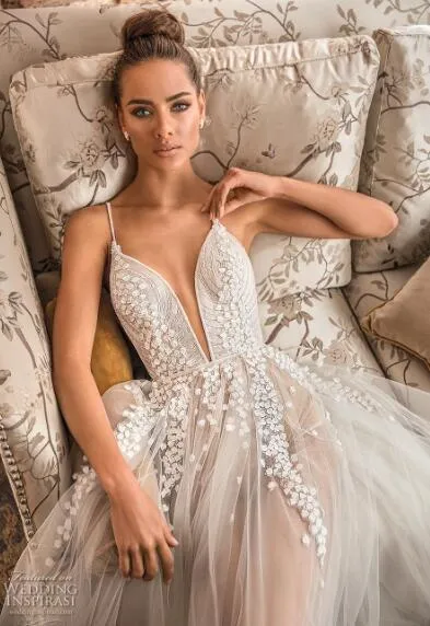 2019 Lace Spaghetti Strap deep v wedding dress with V-Neck and Applique Detailing - Customizable A-Line Bridal Gown at Affordable Prices