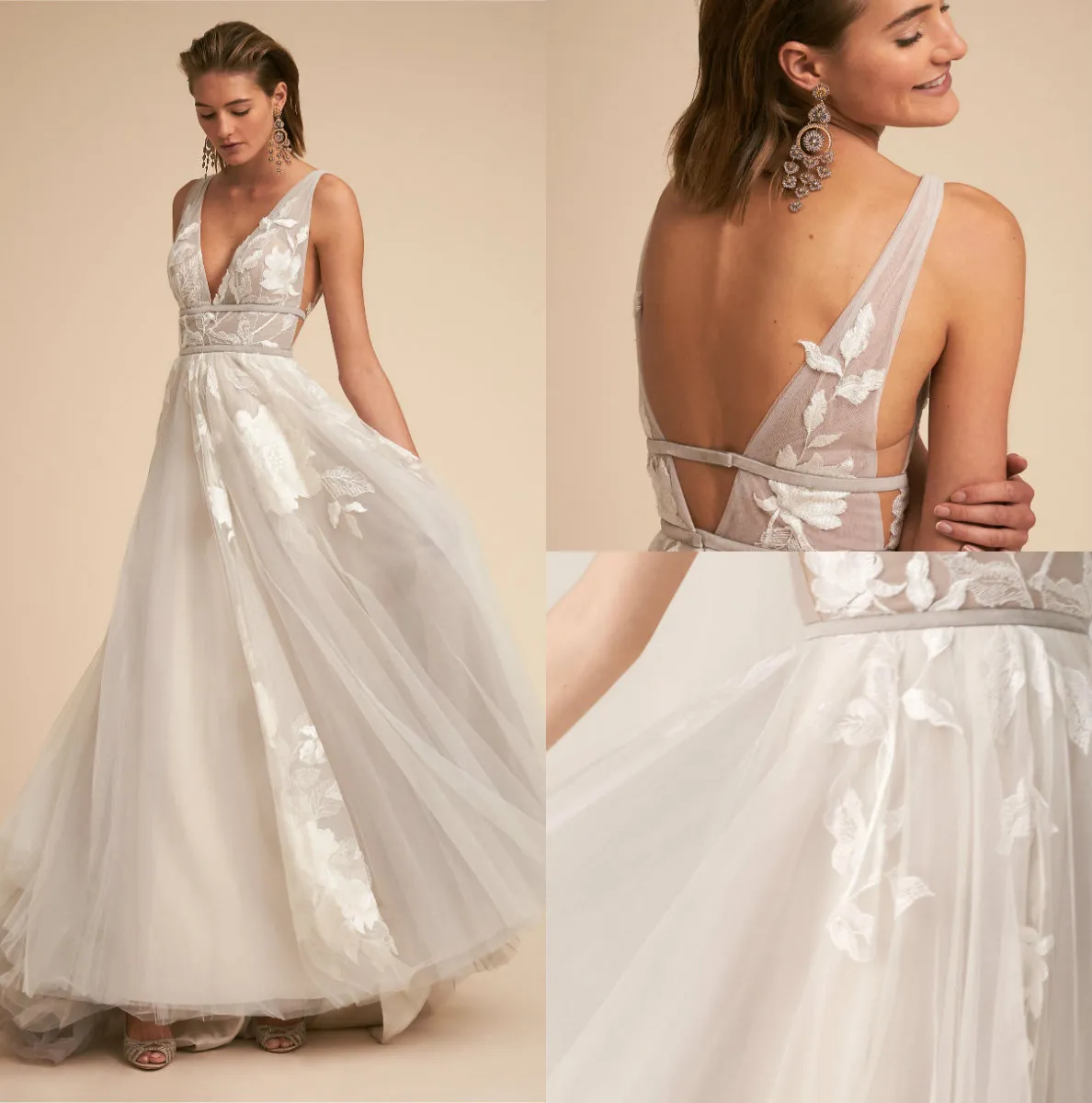 BHLDN 라인 Boho 웨딩 드레스 브이 넥 레이스 아플리케 Backless 맞춤 제작 Tulle Cheap Country Ivory Bridal Gowns