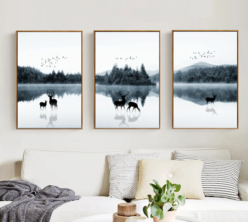 Landschaft Minimalistische Leinwand Bild Berg Tier See Nordic Kunst Wand Poster Druck Ungerahmt Schlafzimmer Dekoration