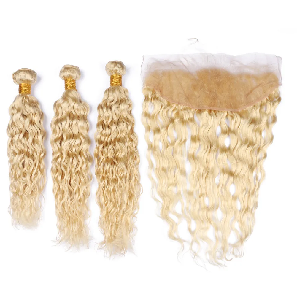 Tissages de cheveux humains vierges blonds brésiliens humides et ondulés avec frontaux vague d'eau # 613 blond 13x4 fermeture frontale en dentelle avec offres de faisceaux