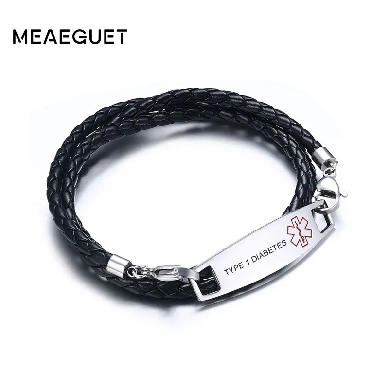 Free Medic Tag Black Braided Leather Triple Wrap Alert Bracelet DIABETES HYPOGLYCEMIA