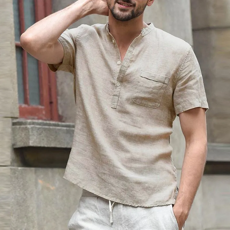 2019 Comfortable Casual Men Shirts Short Sleeve Henley Collar V Neck Basic Color Button Loose Fit 3XL Camisa Masculina Summer