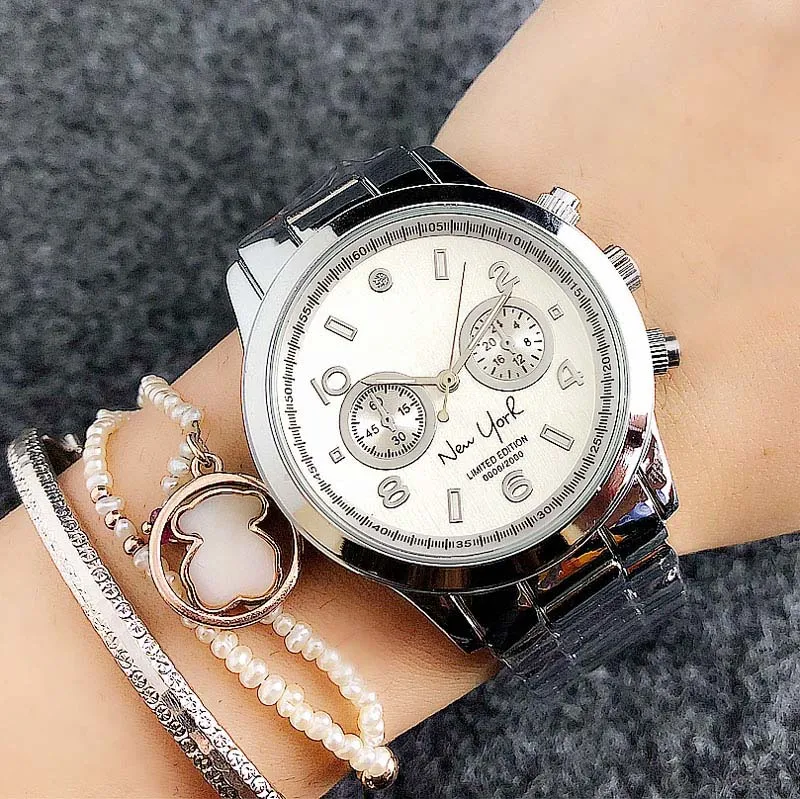 Fashion Brand women's Girl 2 Dials New York style steel metal band Quartz wrist Watch M6112