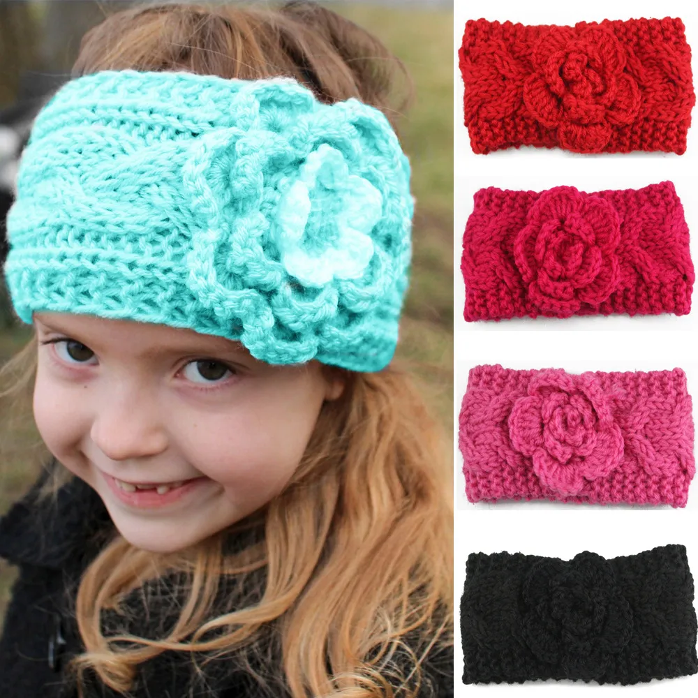 Barnflickor Vinter Stickning Virkade Headband Baby European Style Bandanas Blommor Flätade Headscarf Kids Beanies Cap C5422