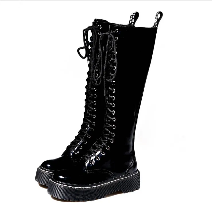 Fashion Designer Brand Lace Up Boots Zipper Knee Boots Black Bottom