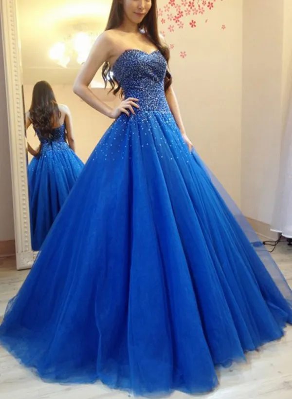 Sparkly Beaded Royal Blue Prom Klänning En Linje Sweetheart Ärmlös Korsett Back Puffy Tulle Lång Formell Kväll Party Kappor Anpassade färger