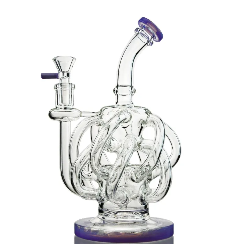 12 Tubo de reciclador de vidro Bong 5mm de espessura Hookahs Tubos de água de vórtice Recyclers Super Ciclone Óleo de Óleo Aplogas com bacia 14mm articulação feminina verde roxo