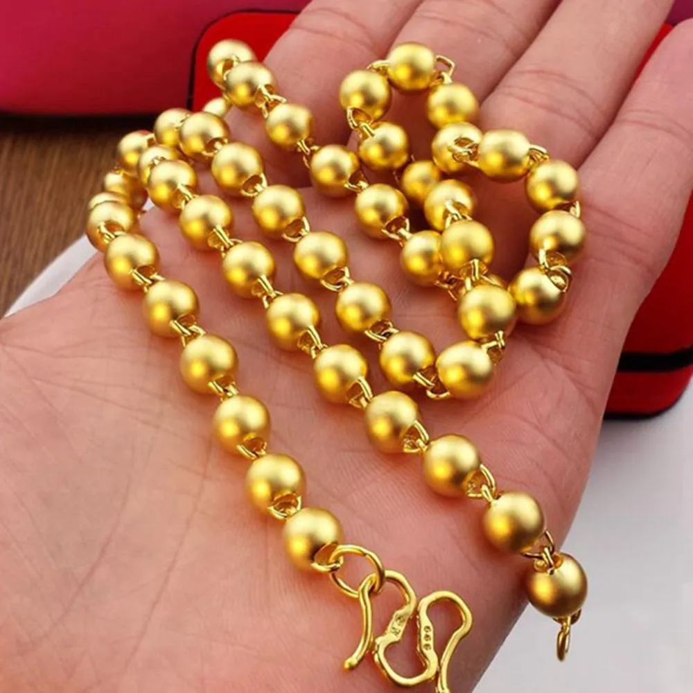 6mm Wide Buddha Beads Necklace 18k Yellow Gold Filled 24" Fashion Long Chain Necklace for Men and Women