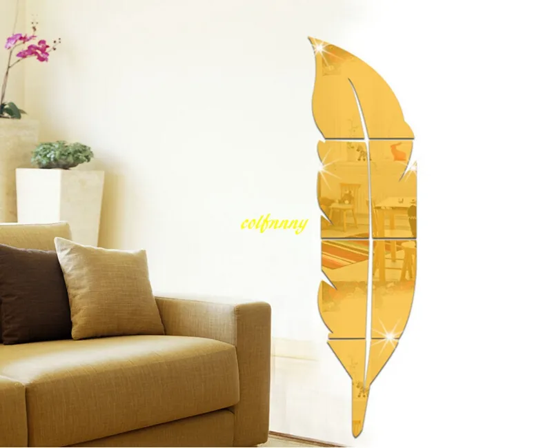 Big & small size Acrylic Feather mirror wall stickers DIY 3D wall stickers For home decor living room JM013