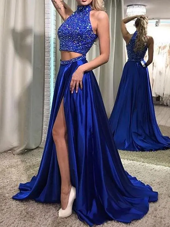 Satin Halter Royal Blue Floor Length Two Piece Evening Dresses Ball Gown Night Dress abiye uzun tarz elbiseler