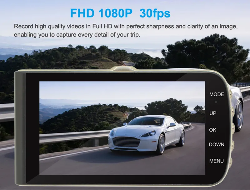 Super night vision car DVR recorder vehicle driving video camera 4" IPS display 170° wide view angle full HD 1080P 2Ch G-sensor WDR