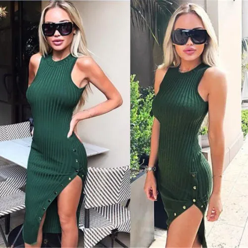 Hirigin Lady Women's Bodycon Adjustable Single Slit Dresses Sexy Women Party Outwear Tight FItting Fashion Sleeveless Dresses D1891703