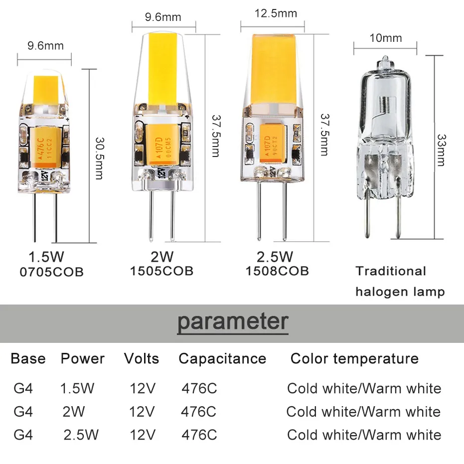 G4 LED Maïs COB 12V DC Ampoule 5W Blanc Chaud Froid 2835 SMD