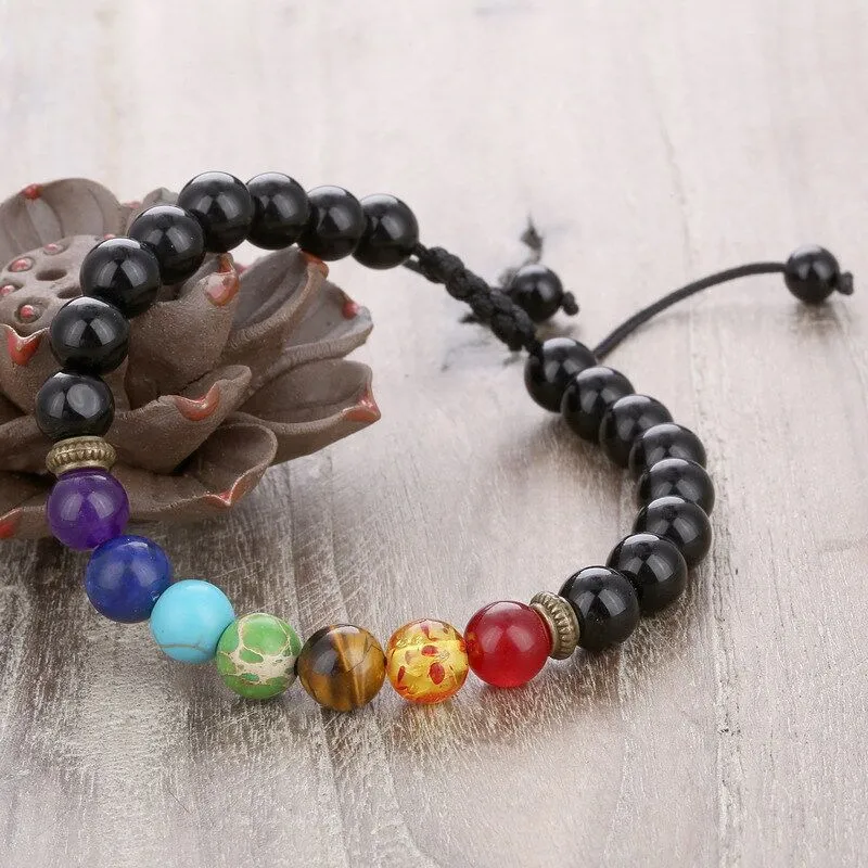 2021 Beaded Strands Seven Chakra Energy Stone Handsträng av naturlig grön och guldögon Justerbar vävd Bangle Lava-Rock Yoga armband