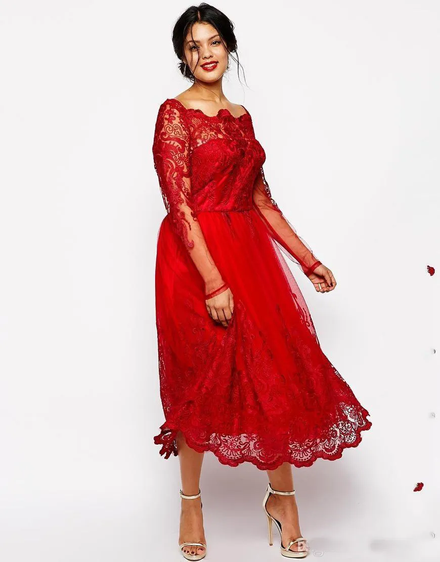 2019 Stunning Fashion Red Plus Size Evening Dresses Long Sleeves Scoop Lace Appliqued ALine Prom Gowns Tulle TeaLength Formal Dr3276764