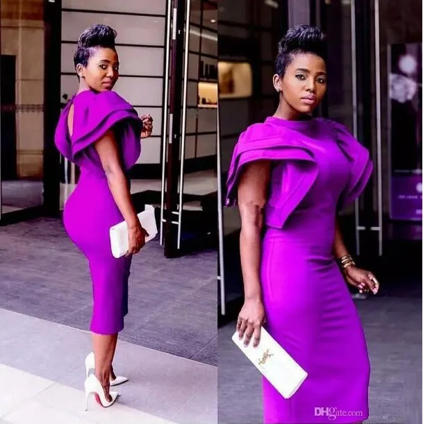 Robe de bal courte africano alto pescoço roxo vestido de baile de formatura 2019 bainha chá comprimento árabe formal vestidos de noite boné sl183k