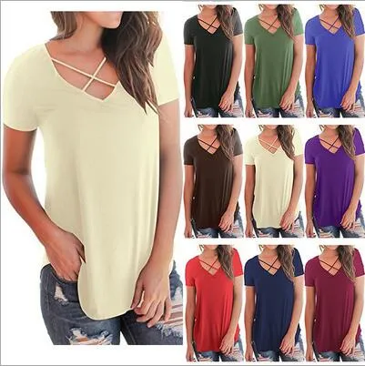 T-shirt Mulheres Verão Tops Camisa de Manga Curta Cruz V Pescoço Casual Camisas Algodão Moda Tees Solta Blusas Roupas Femininas 10 Cores B3909