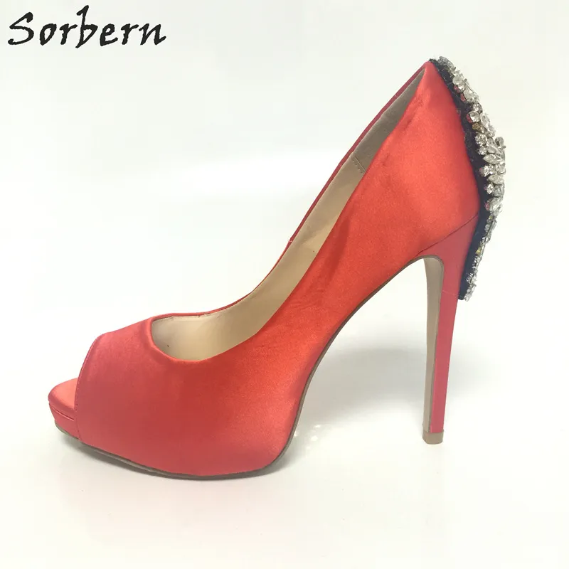 Sorbern Sapatos De Casamento De Cetim Vermelho Peep Toe Cristais Sapatos De Noiva Sapatos De Plataforma De Salto Alto Sapatos De Casamento Sapatos de Bombas Vestido Personalizado Cores 34-46