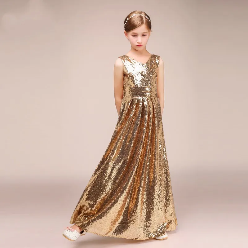 Gold Sequined Little Girls Pageant Desses 2018 Jewel Neck Custom Made Sparkling Kids Formal Wear Wedding Flower Girl Dresses