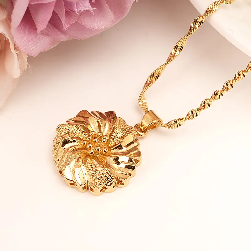 Dubai PENDANT Collier Femmes Éthiopien Pendentif Collier 18k Réel Jaune Or Fin GF filles fête Bijoux Afrique / Arabe Fleur Cadeaux jolie