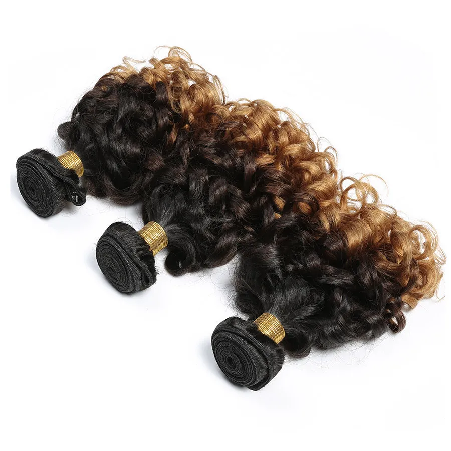 Ombre brasilianska jungfruliga hårbuntar Spanish Bouncy Curly Three Tone Remy Human Hair Weaves T1B 4 27 lot 1030 Inch Funmi Hair1750106