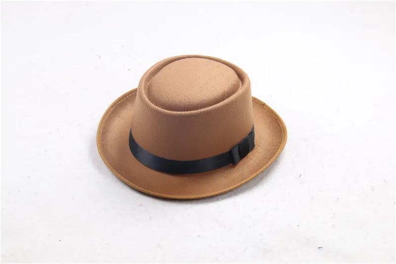 Nova moda retro chapéu de feltro jazz redondo chapéus superiores planos para homens mulheres elegante sólido feltro fedora chapéu banda larga aba plana jazz chapéus pa4741746