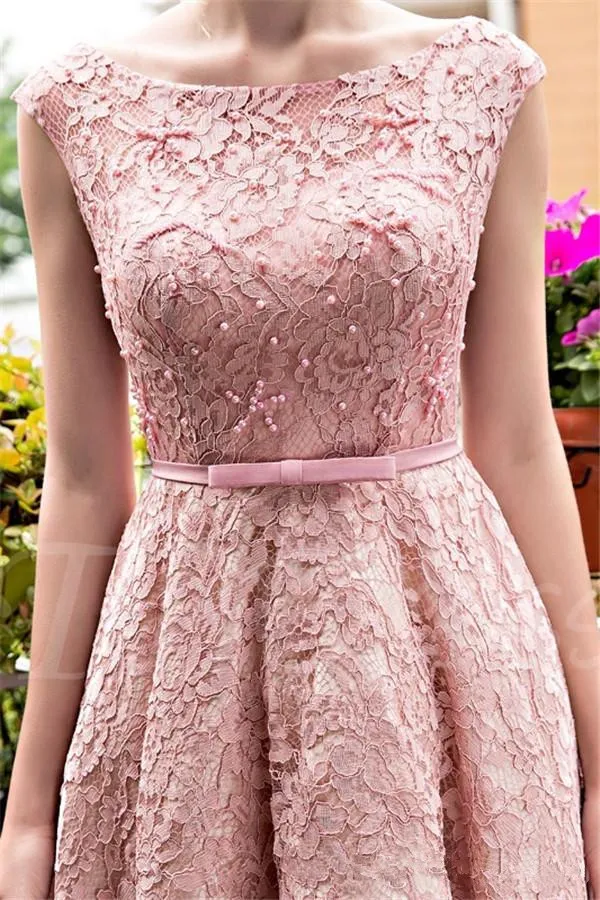 New Blush Pink Elegant Tea Length Full Lace Prom Dresses Bateau Neck Cap Sleeves Corset Back Pearls A-line Party Gowns with Bow