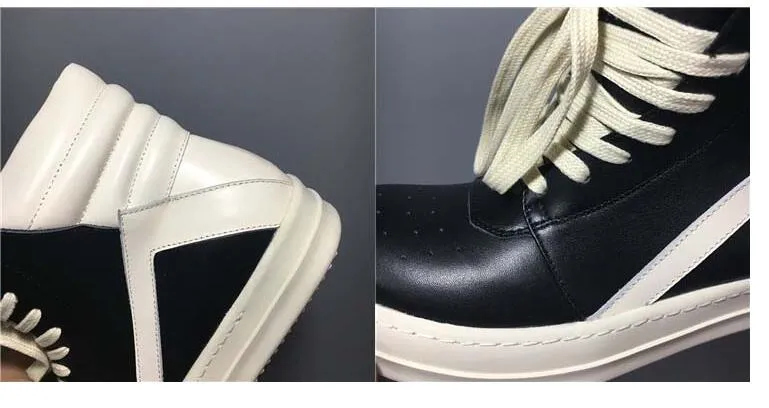 Nuevo cuero genuino hecho a mano negro cesta blanca unisex con cordones botas de calle unisex hip hop boots302D