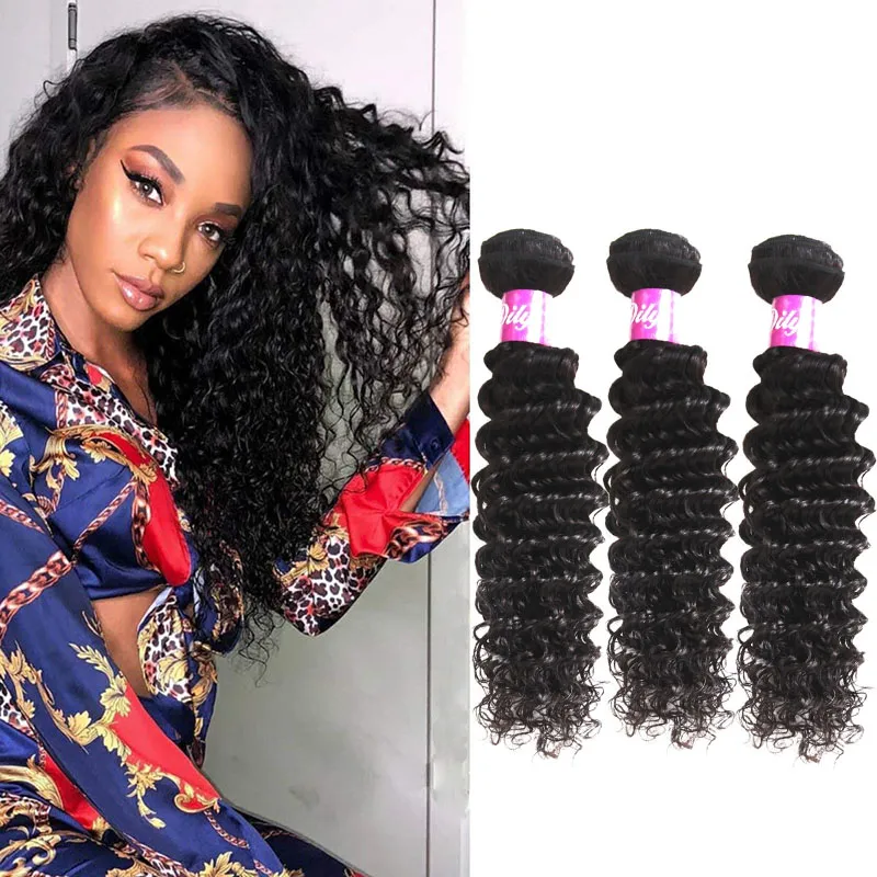 9a Indian Virgin Human Hair Extensions 3 Bundlar Deep Wave Curly Natural Color 8-28INCH Dubbel hår Wefts Curly Ruyibeauty