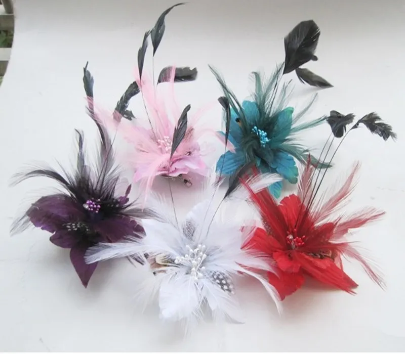 Chiffon Rose Fabric Flower Wedding Corsage Pin Brooch With Feather