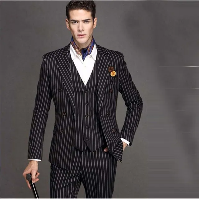 Najnowsze czarne białe stripe Męskie garnitur Slim 3piec Tuxedo Groom Garnitury Custom Made Prom Blazer Terno Masculino (Kurtka + Pant + Vest + Krawat)