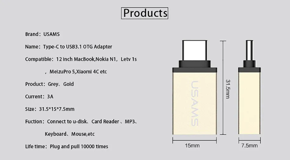 USAMS Type C Metal USB C Mężczyzna do USB 30 Kobieta dla Samsung Xiaomi MacBookType C Converter OTG Adapter9987732