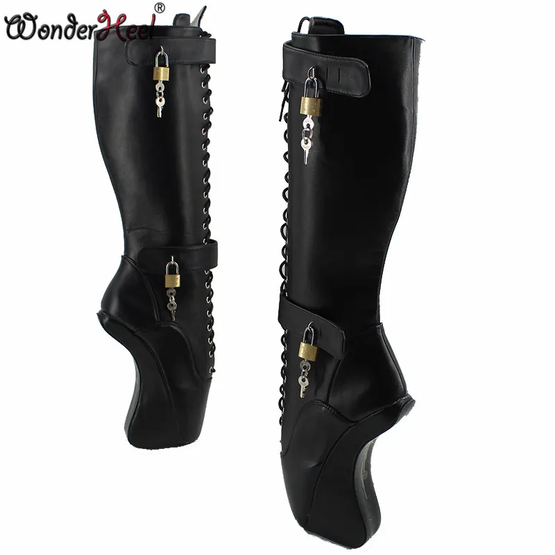 Wonderheel padlocks zapatos de ballet ultra alto talón 18 cm cuñas BALLET rodilla alto Boots sexy fetiche mate pu ballet show cordones botas