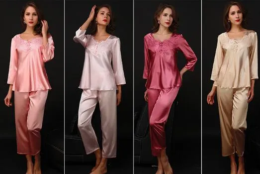 Top Quality Women's Luxurious Silk Lace Sexy Sleepwear Långärmad Elegant Bekväm Silken Tunna Silk Pyjamas Set Nightgown 