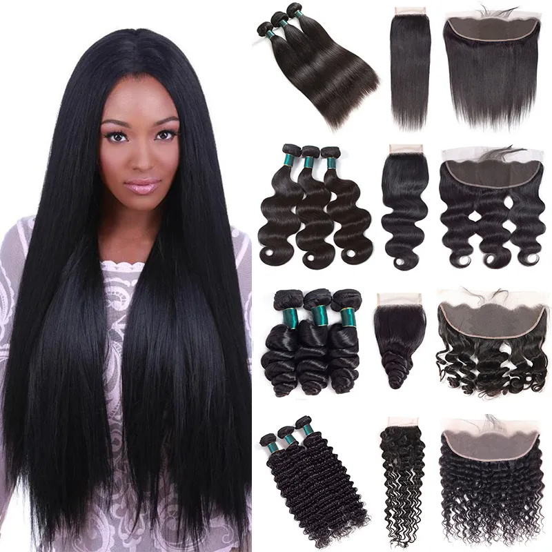 Cuticle inriktade hårförlängningar Grade 10a Brasilianska Virgin Hair Weave 3 buntar med 4x4 spetsförslutning eller 13x4 spets frontal stor kvalitet