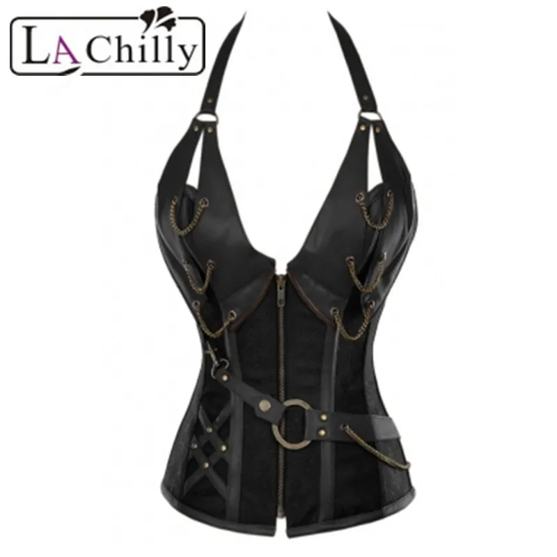 La Chilly Newly 14 Steel Bone Steampunk Leather Corset met Thong LC5401 Vintage Steampunk New Style Lace Up Corset voor Taille