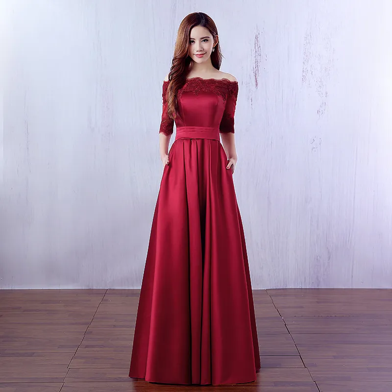 Robes De Demoiselle D'honneur En Satin De Dentelle Avec Demi Manches Bordeaux 2019 Robes De Mariée Longues Robes De Dama De Honor