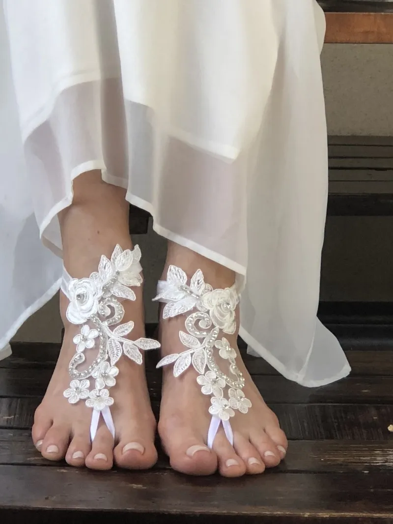 Custom Made Wedding Ankenlets Lace Up Beaded Applique Beach Bridal Schoenen Nieuwe Collectie Flatforms Sandalen voor bruiloften