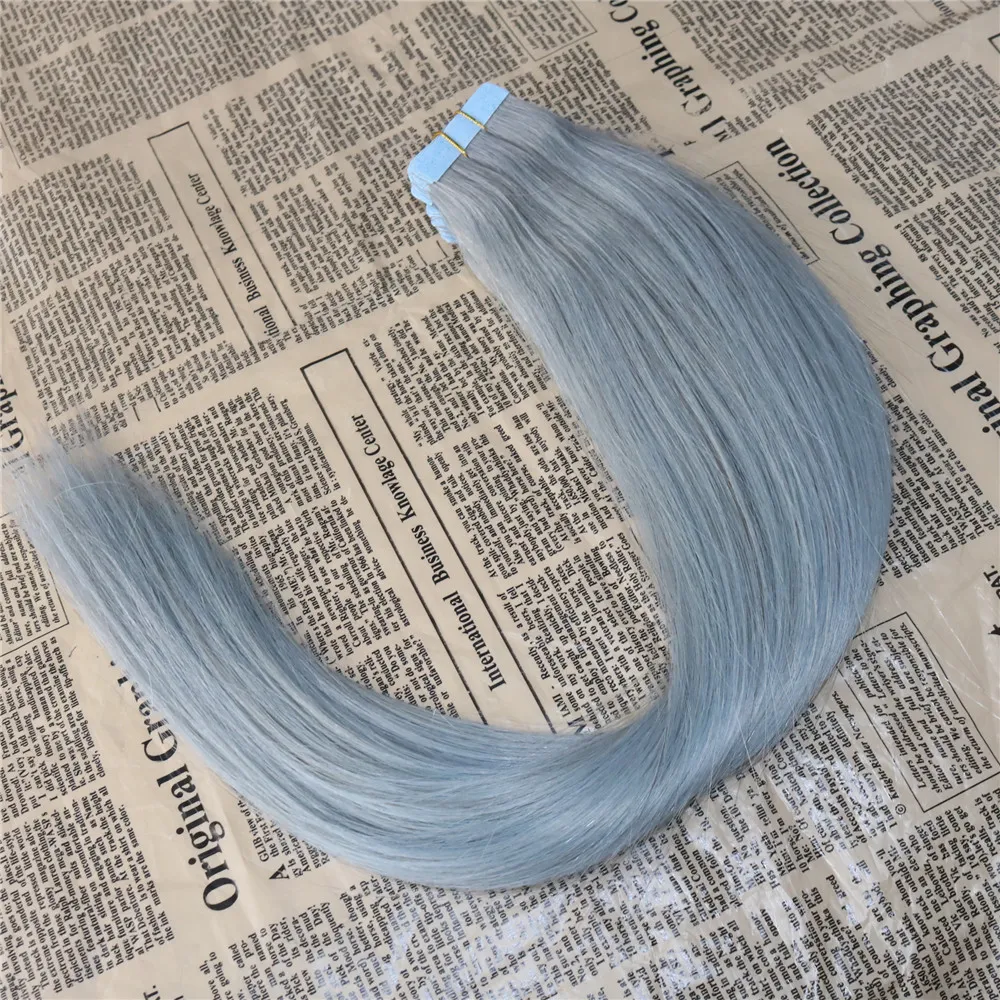 Tape in Human Hair Extensions Sliver Color Skin Inslagband in Extensions Grijze PU Rechte Tape op Hair Extensions 100g / 